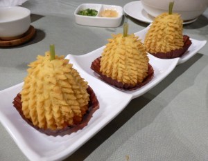 Fried durian cakes (molded to look like the durian fruit). 