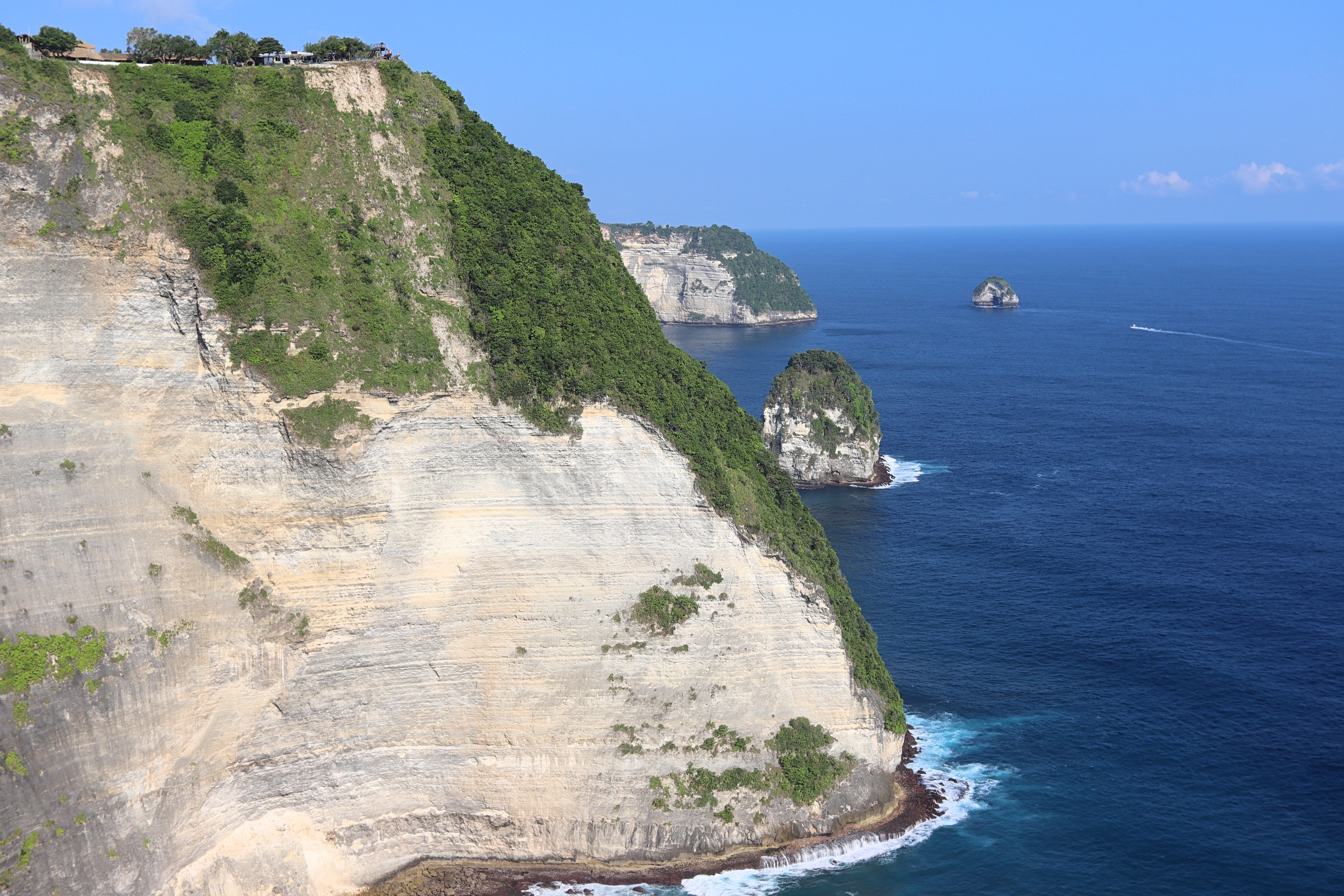 A panoramic view of Kelingking Beach, showcasing steep, lush green cliffs descending into the ocean with rock formations in the water and a clear blue sky.